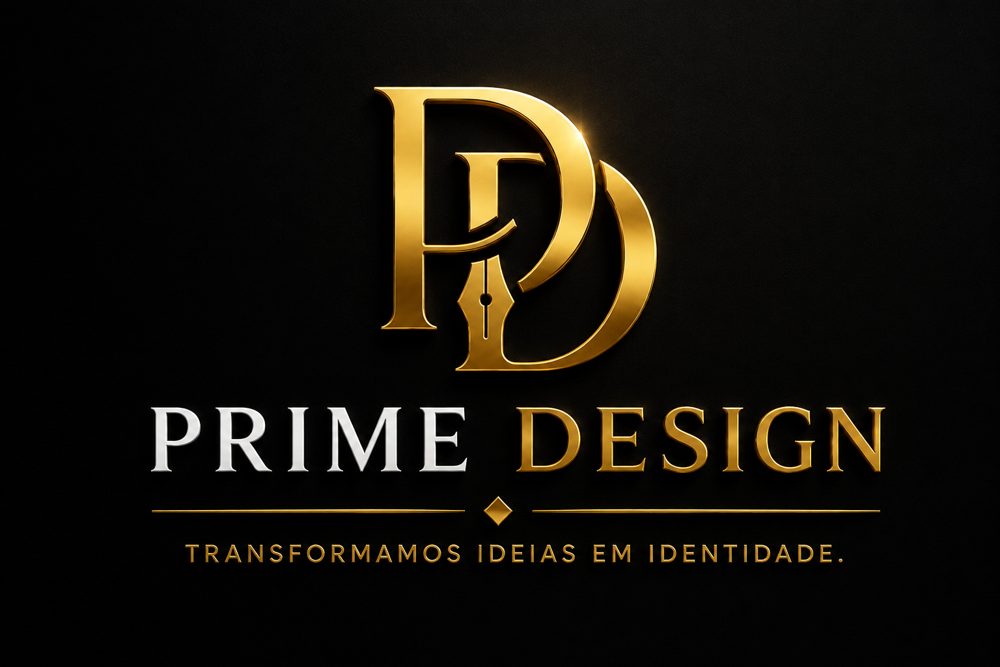Logotipo Prime Design, monograma PD dourado com pena